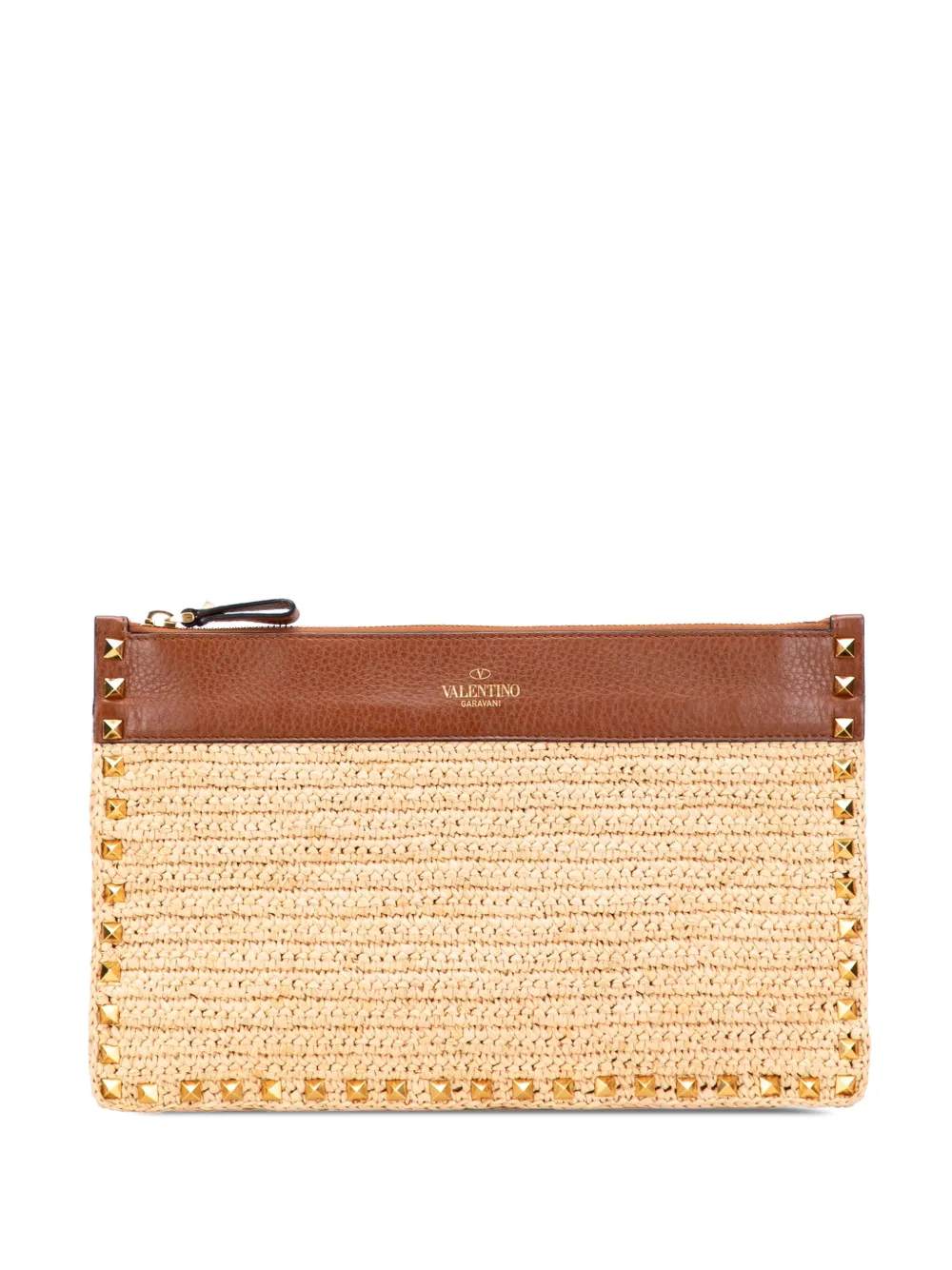 Valentino Garavani Pre-Owned 2000-2017 Large Raffia Rockstud Zip Pouch Valentino Garavani Pre-Owned 2000-2017 Large Raffia Rockstud Zip Pouch