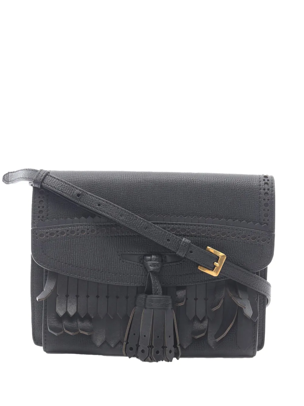 Pre-owned Burberry 2000-2017 Small Grainy Calfskin Broguing Tassel Macken Crossbody Bag In Black