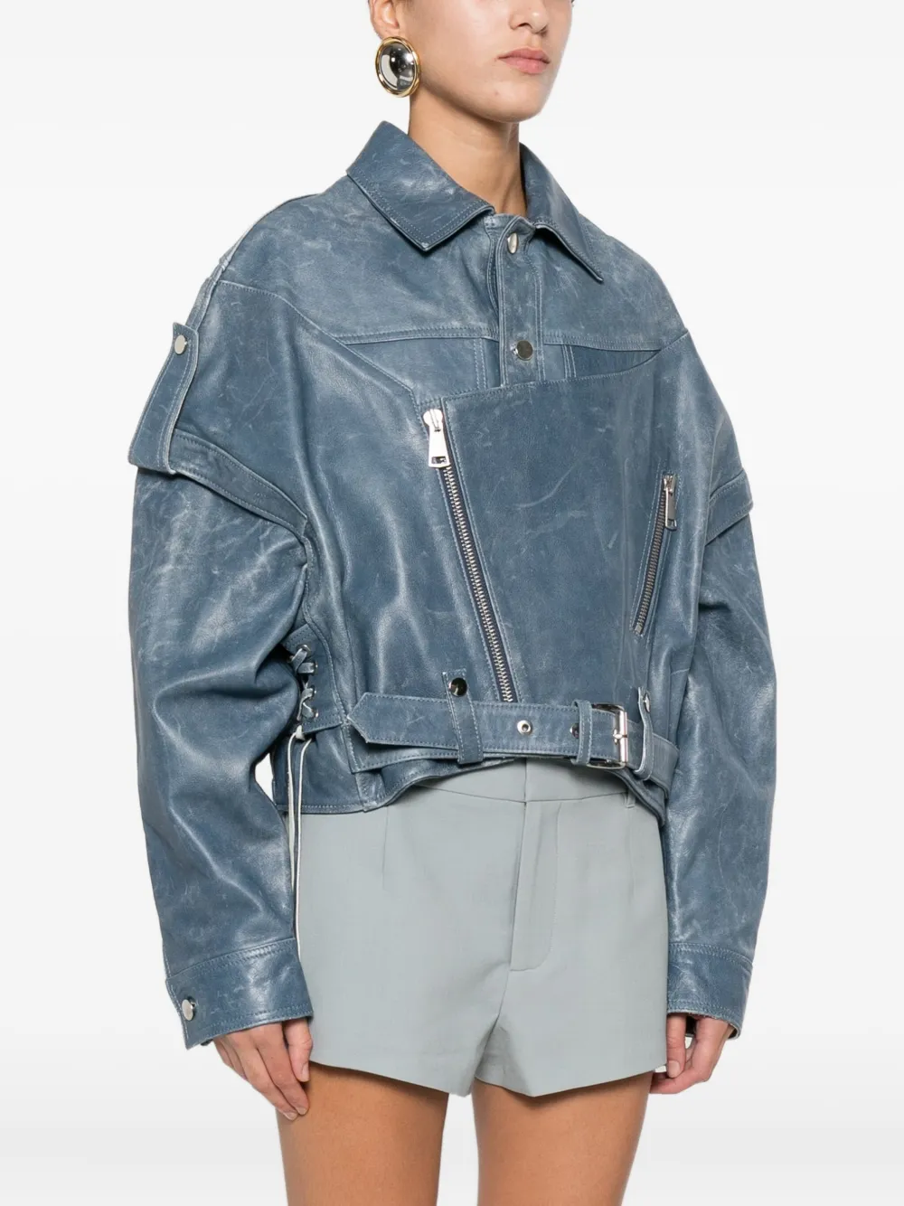 Manokhi Cropped Leather Jacket In Blue