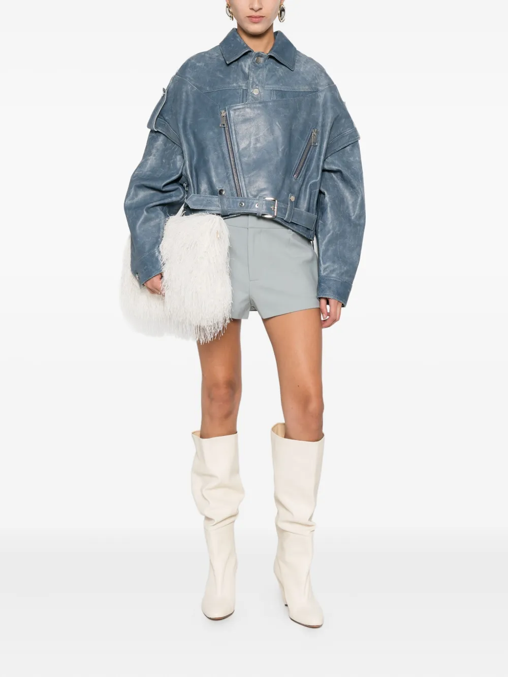 Manokhi Cropped Leather Jacket In Blue
