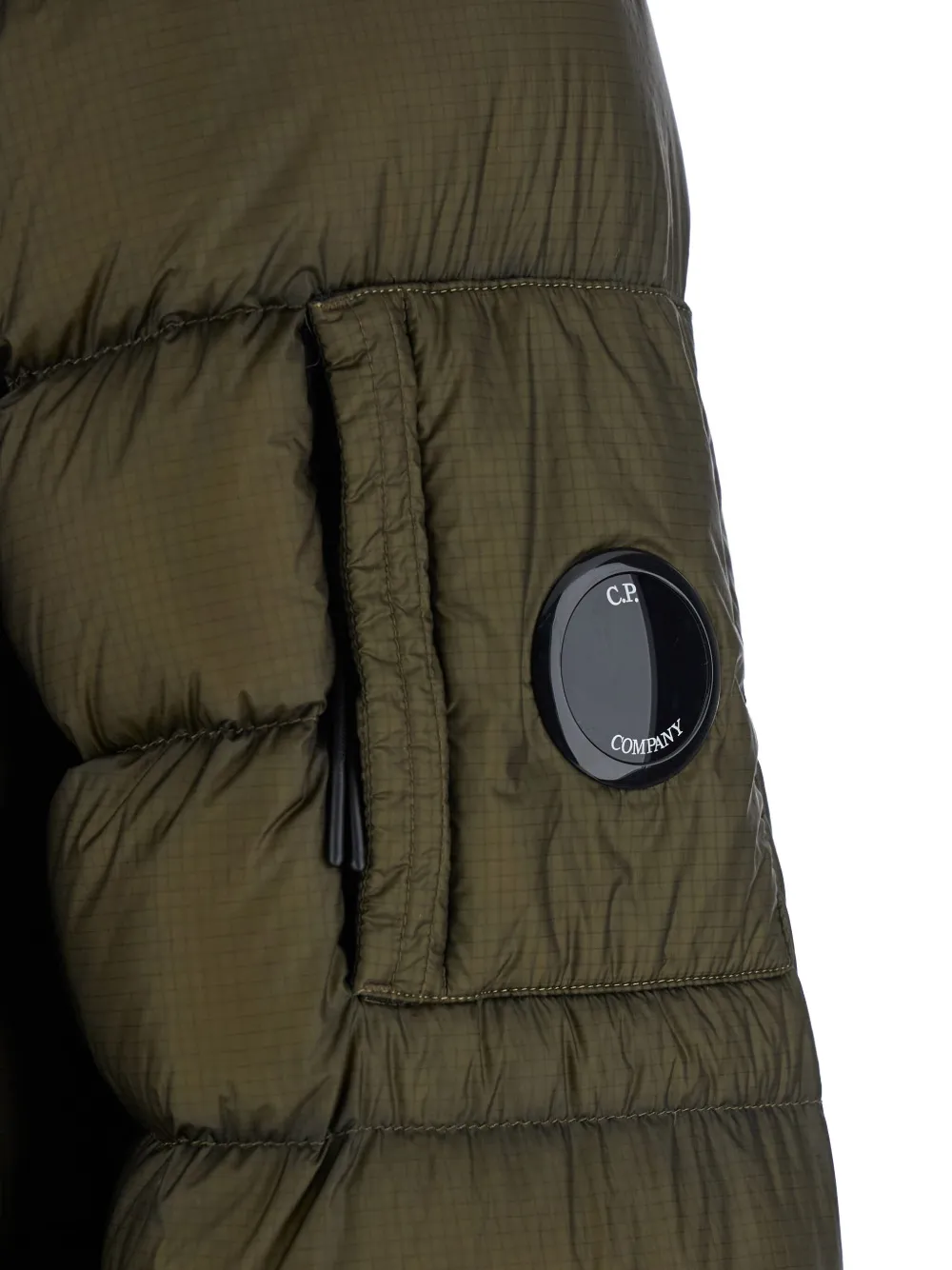 C.p. Company Men Green Down Jacket With Fixed Hood And Goggle Detail In Tech Fabric Man In Green