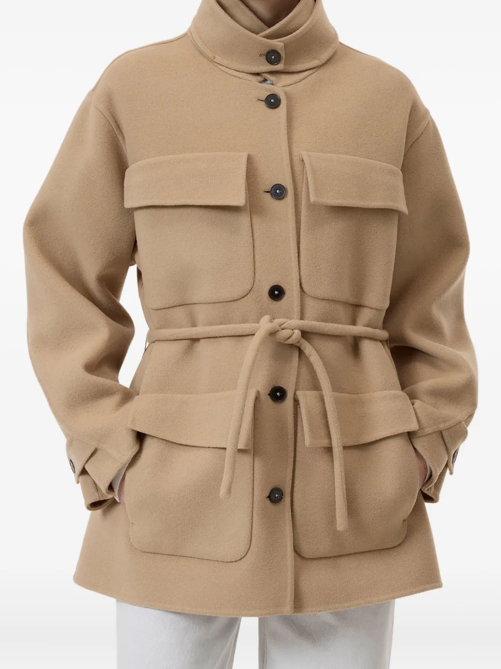 Closed Belted Patch-pocket Wool Coat In Brown
