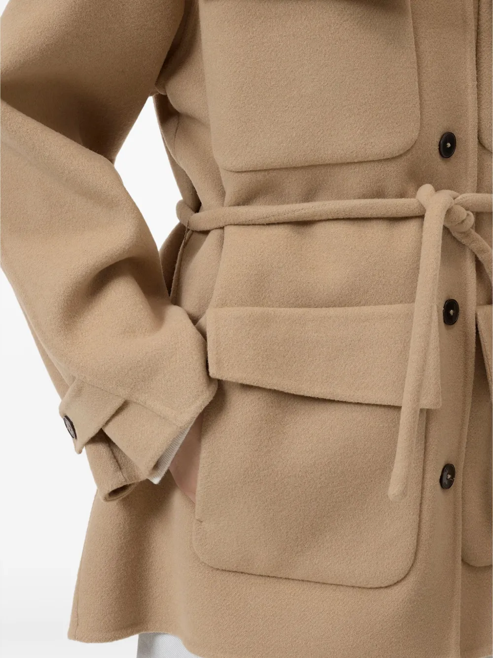 Closed Belted Patch-pocket Wool Coat In Brown
