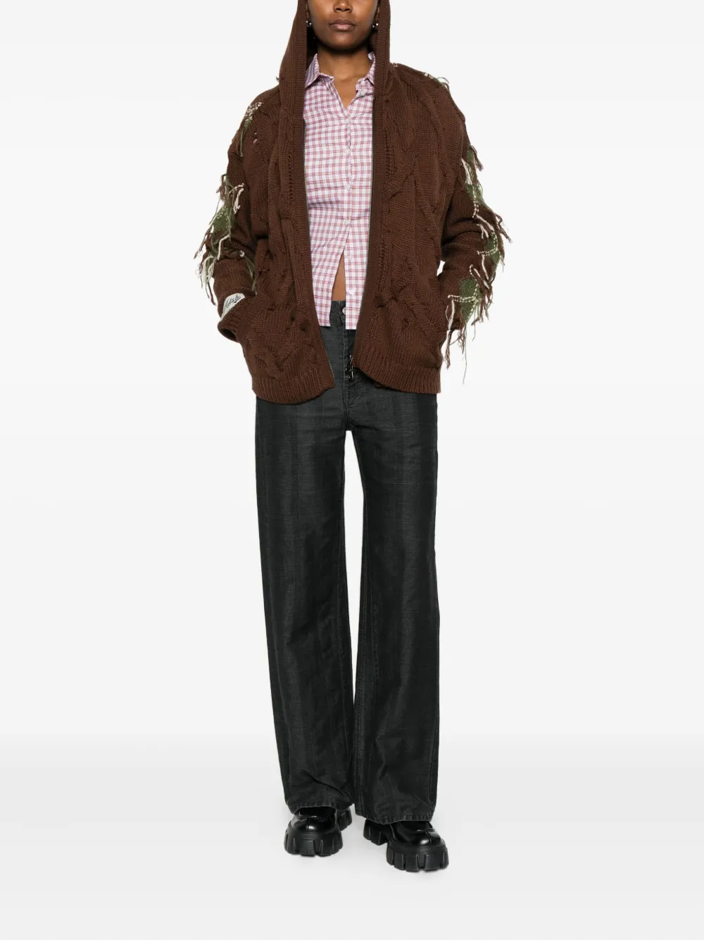 Andersson Bell Cable-knit Fringed Hoodie In Brown