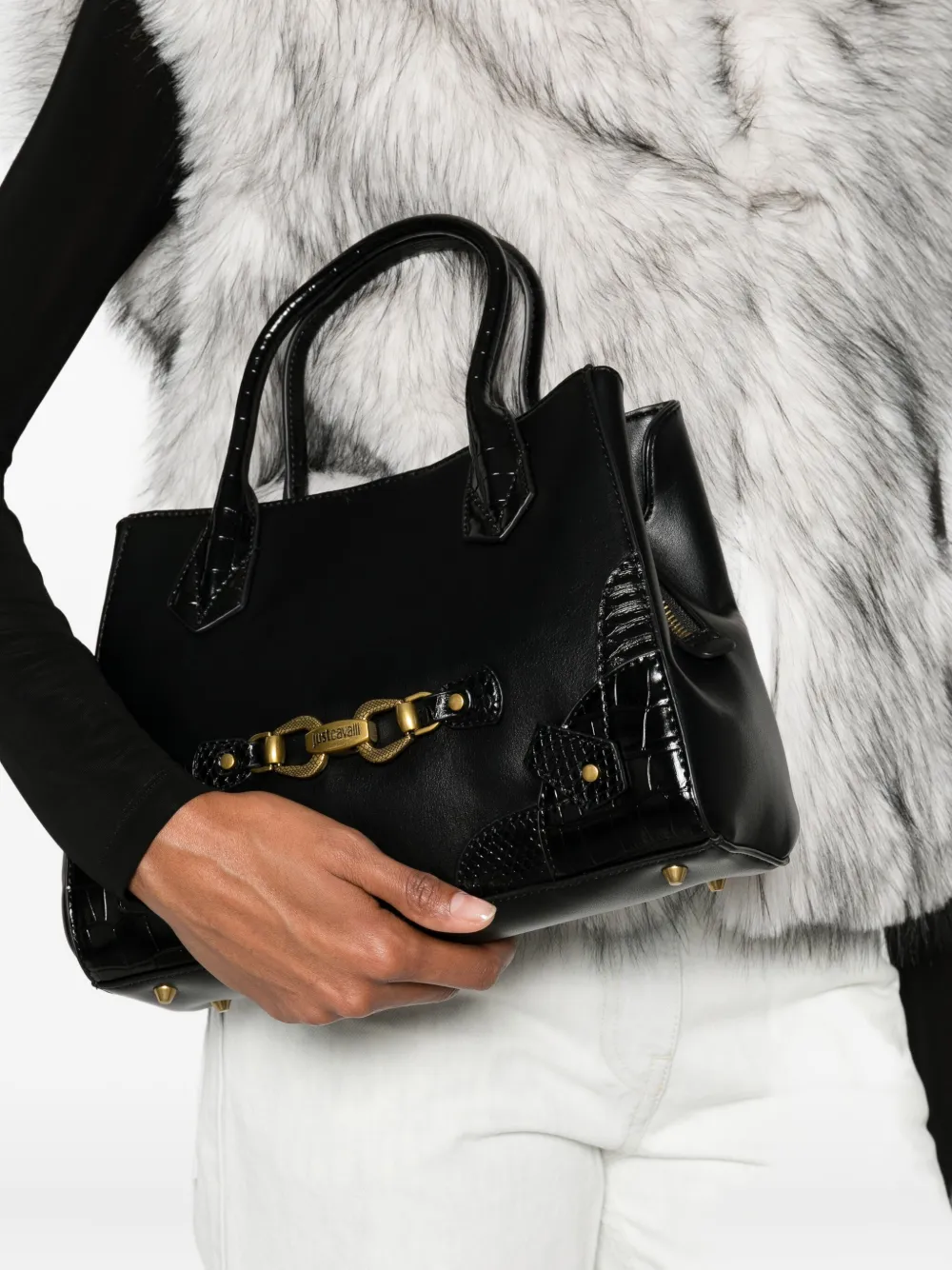 Just Cavalli Logo-plaque Tote Bag In Black