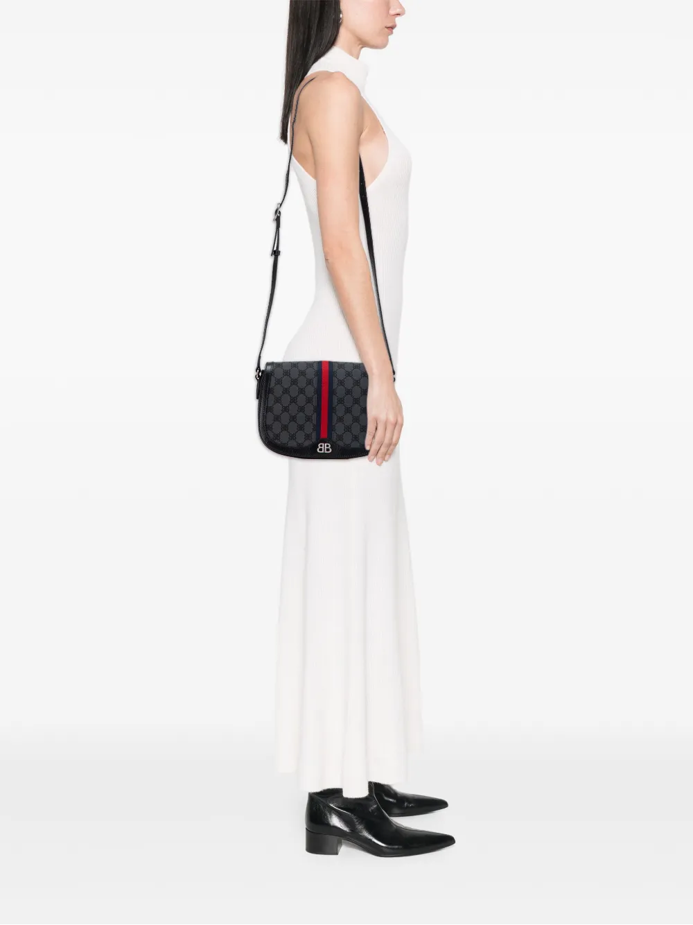 Pre-owned Balenciaga 2022 The Hacker Project Bb Canvas Web Ophidia Crossbody Bag In Gray