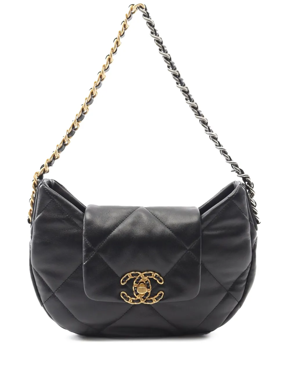 CHANEL Pre-Owned 2021-2025 ラムスキン 19 チェーン ホーボーバッグ - ブラック CHANEL Pre-Owned 2021-2025 ラムスキン 19 チェーン ホーボーバッグ - ブラック