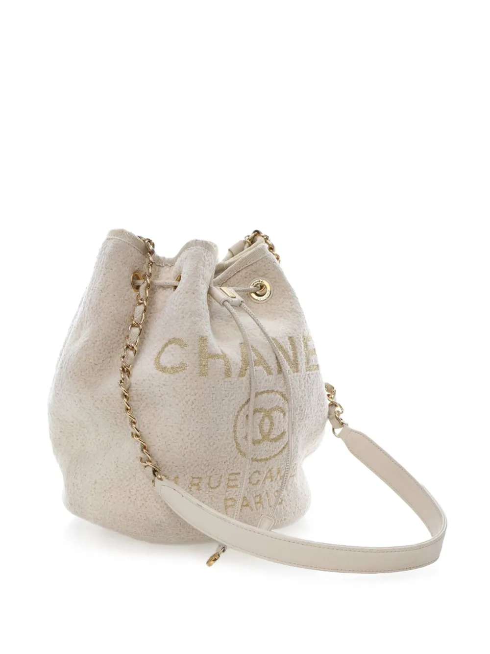 Pre-owned Chanel 2019 Small Tweed Deauville Drawstring Bucket Bag In White
