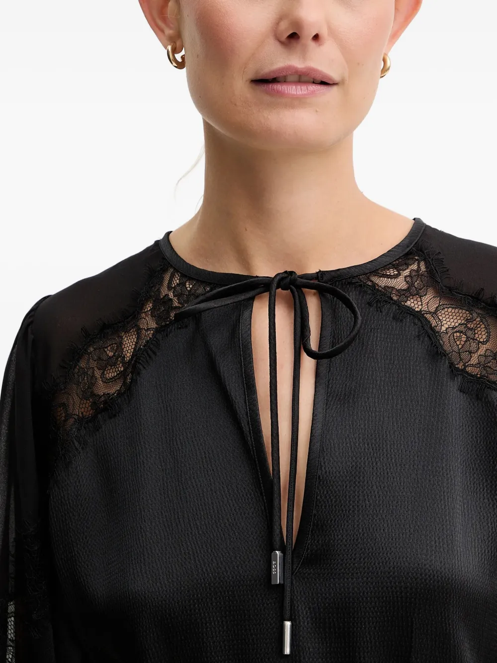 Hugo Boss Lace-trim Long-sleeve Mini Dress In Black