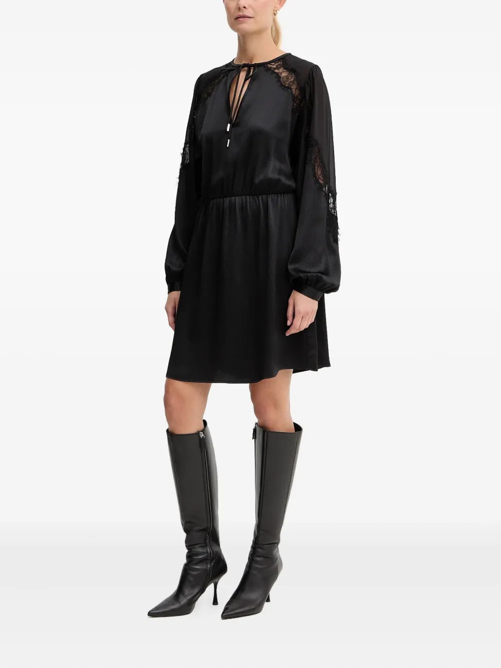 Hugo Boss Lace-trim Long-sleeve Mini Dress In Black