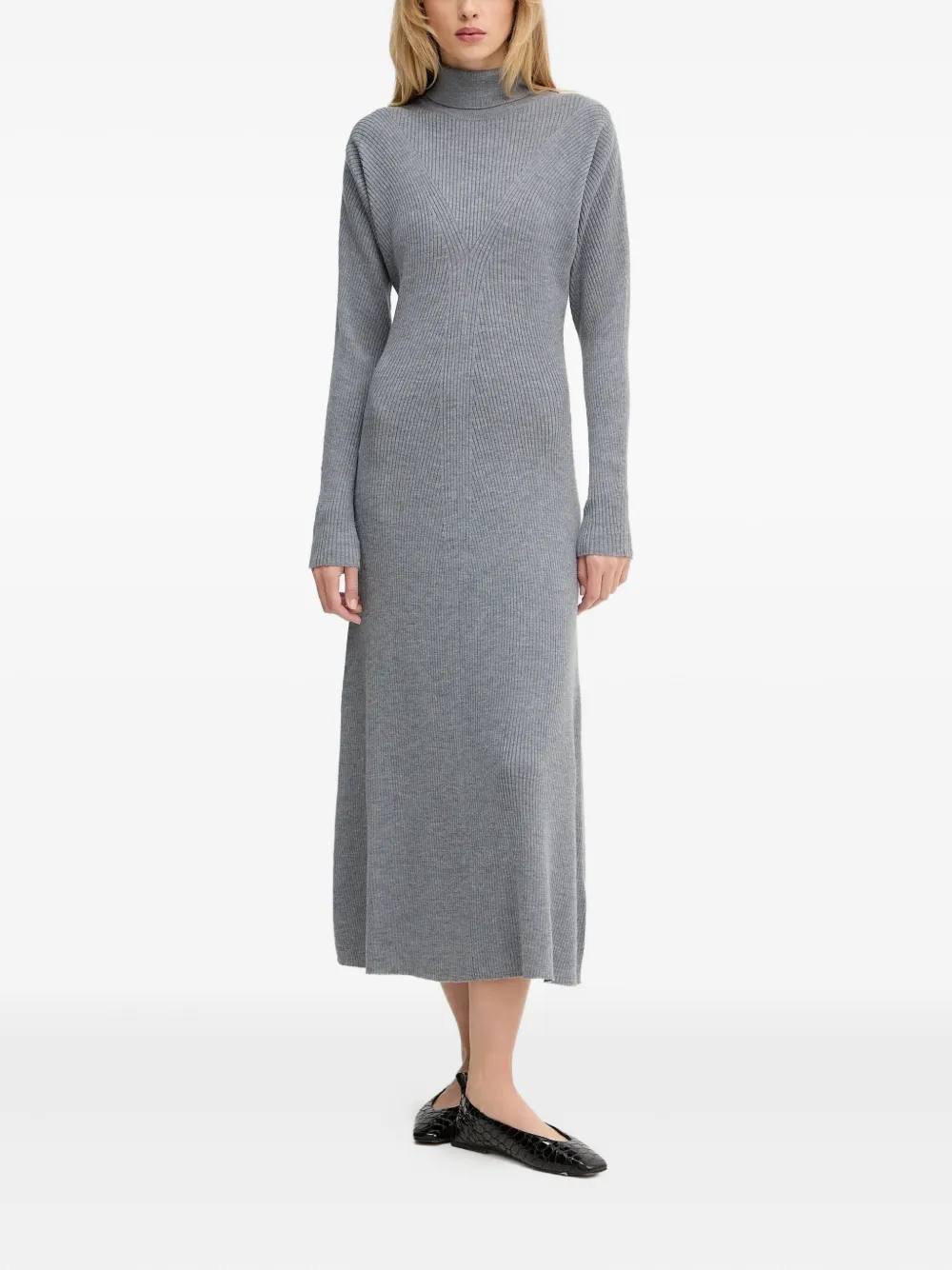 Hugo Boss Ribbed Roll-neck Midi Dress In Gray