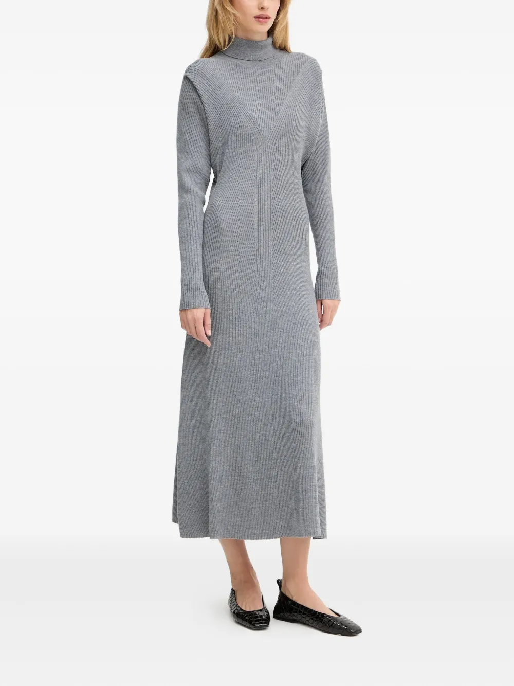 BOSS Geribbelde midi-jurk met col - Grijs