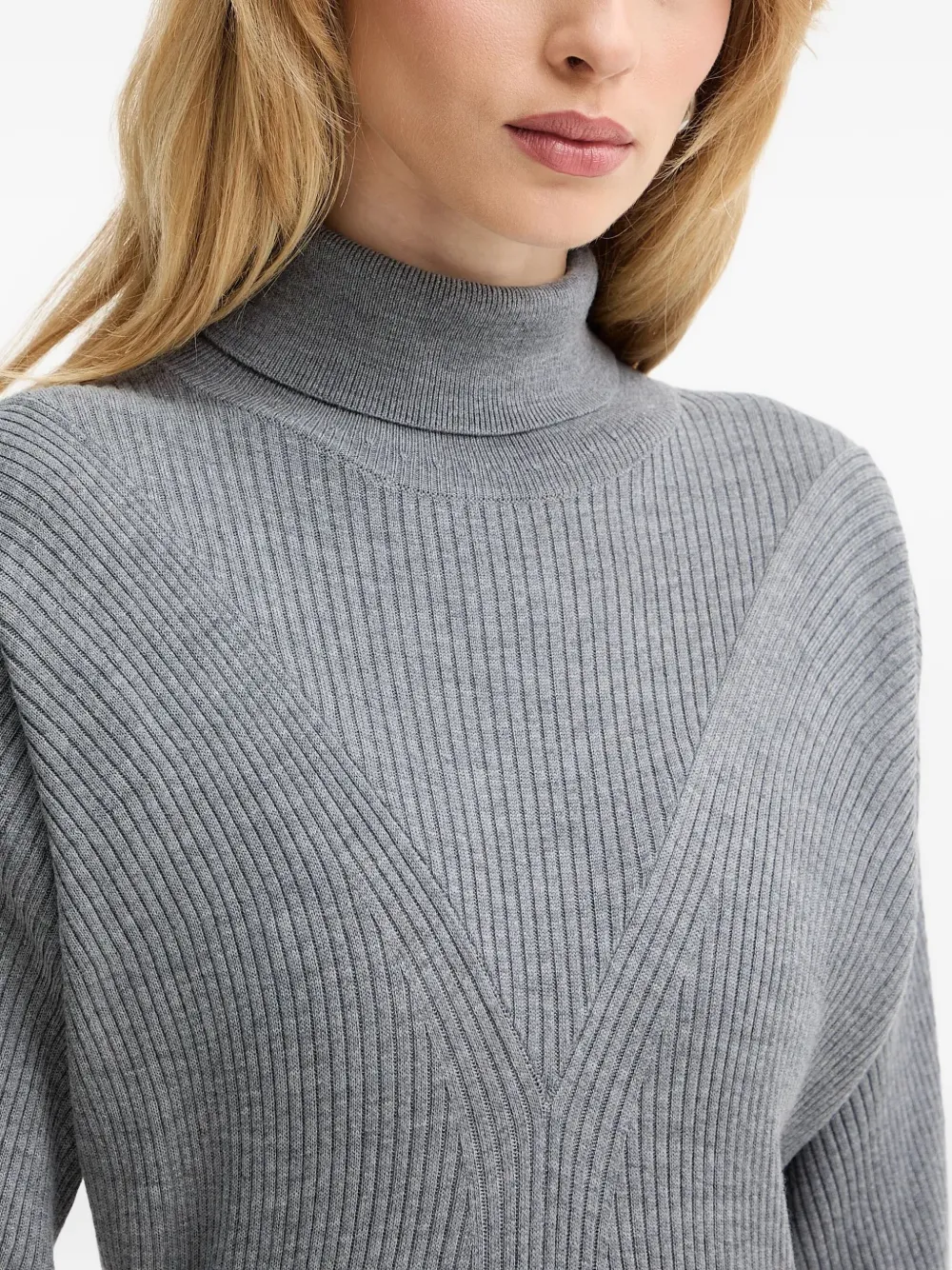 Hugo Boss Ribbed Roll-neck Midi Dress In Gray