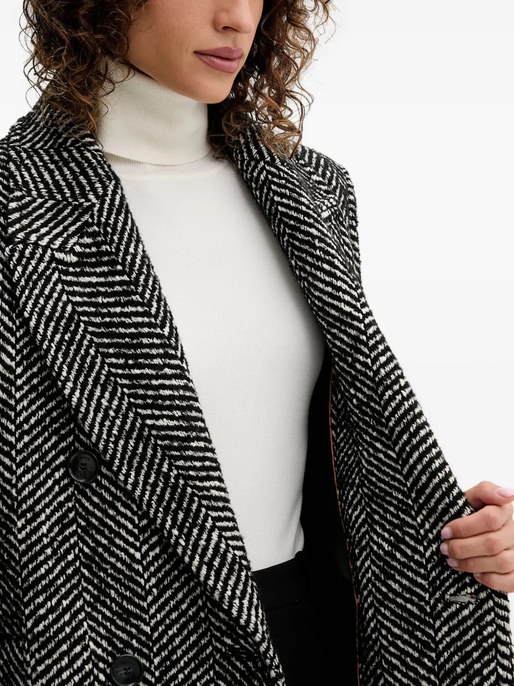 Hugo Boss Double-breasted Herringbone Coat In Black