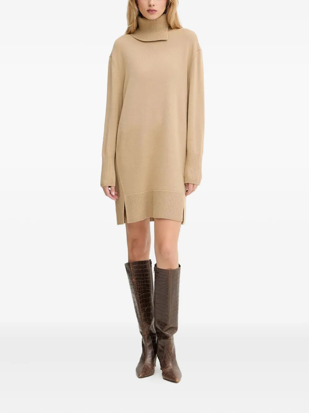 BOSS roll-neck ribbed mini dress - Beige
