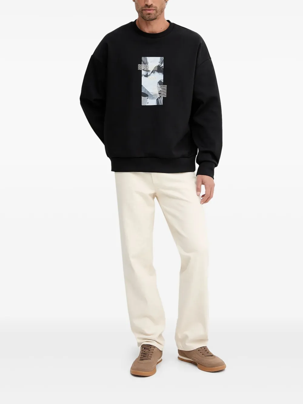 BOSS Stenson Zone sweater met ronde hals en grafische print - Zwart