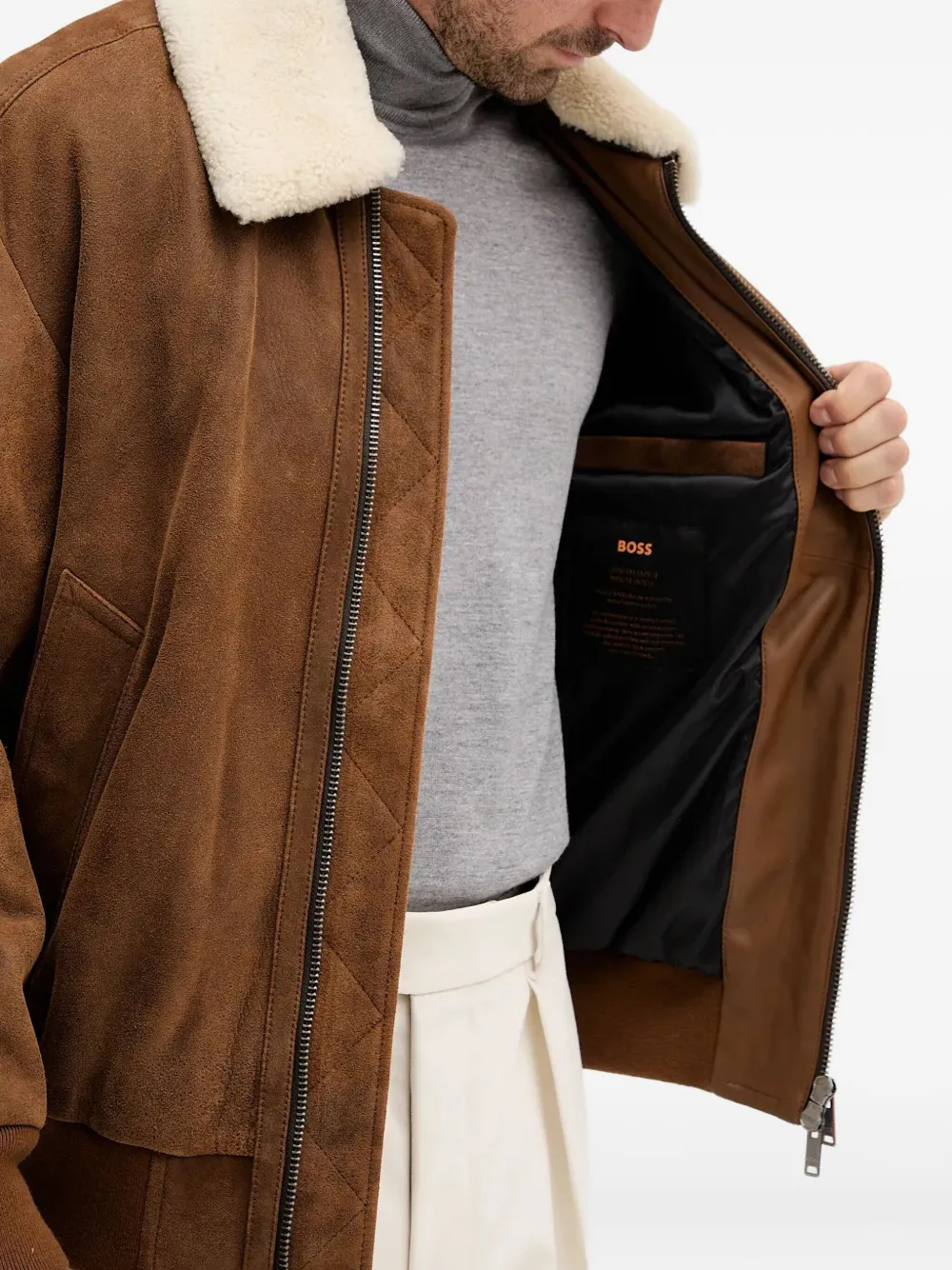 BOSS Suède jack met bontkraag Bruin