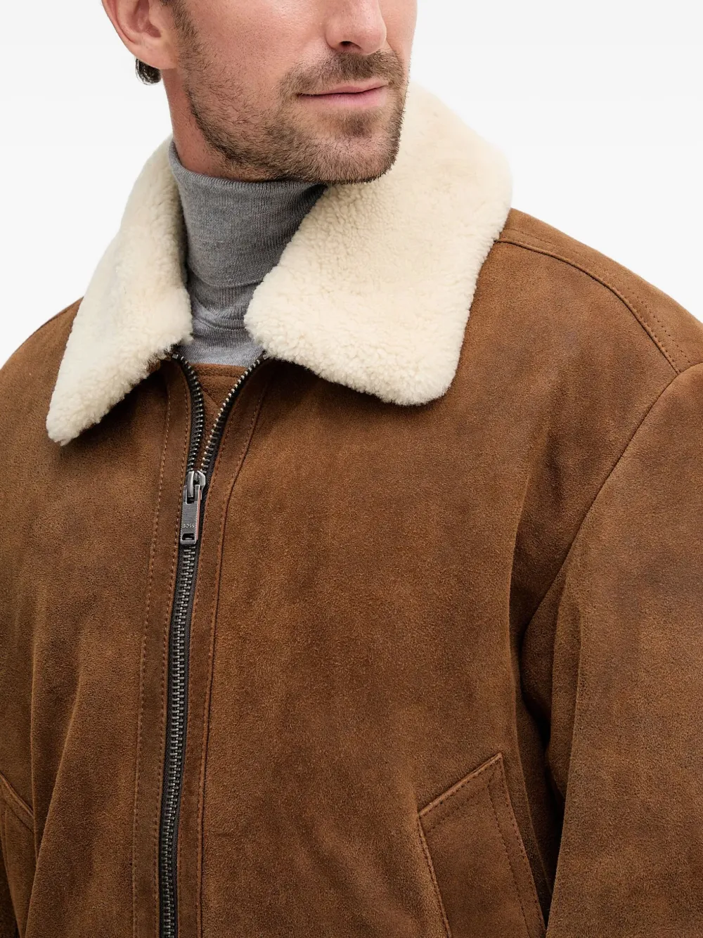 BOSS Suède jack met bontkraag Bruin