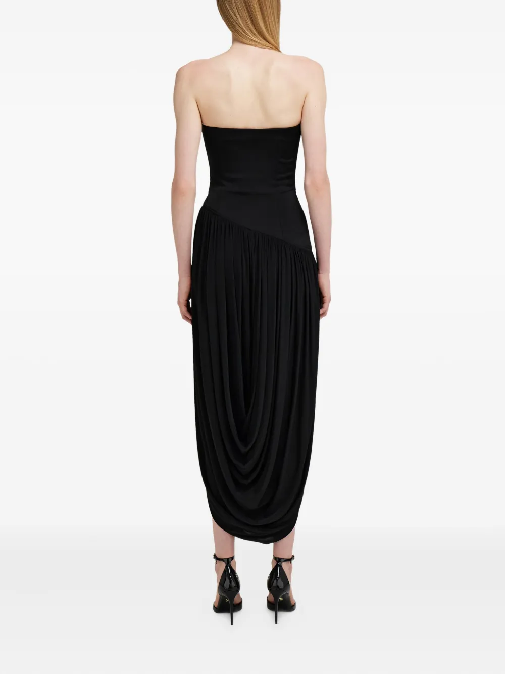 Ferragamo Asymmetric Ruched Bustier Midi Dress In Black
