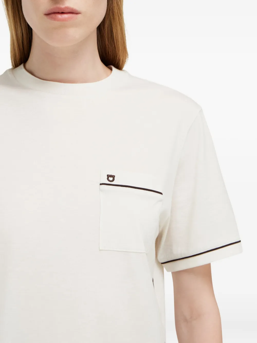 Ferragamo Gancini Crew Neck T Shirt Pocket Trim In White