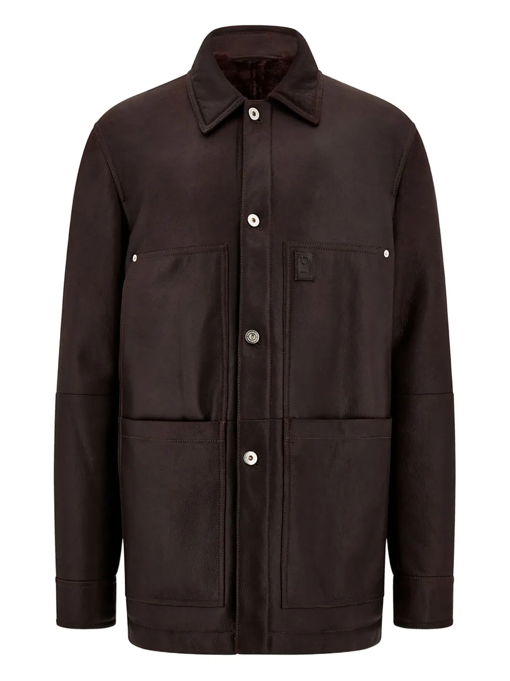 Ferragamo Patch Pocket Leather Jacket In Brown