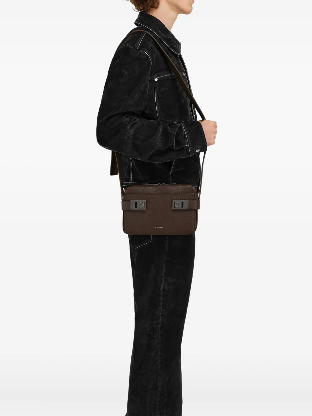 Ferragamo East-west Gancini-buckle Leather Messenger Bag In Brown