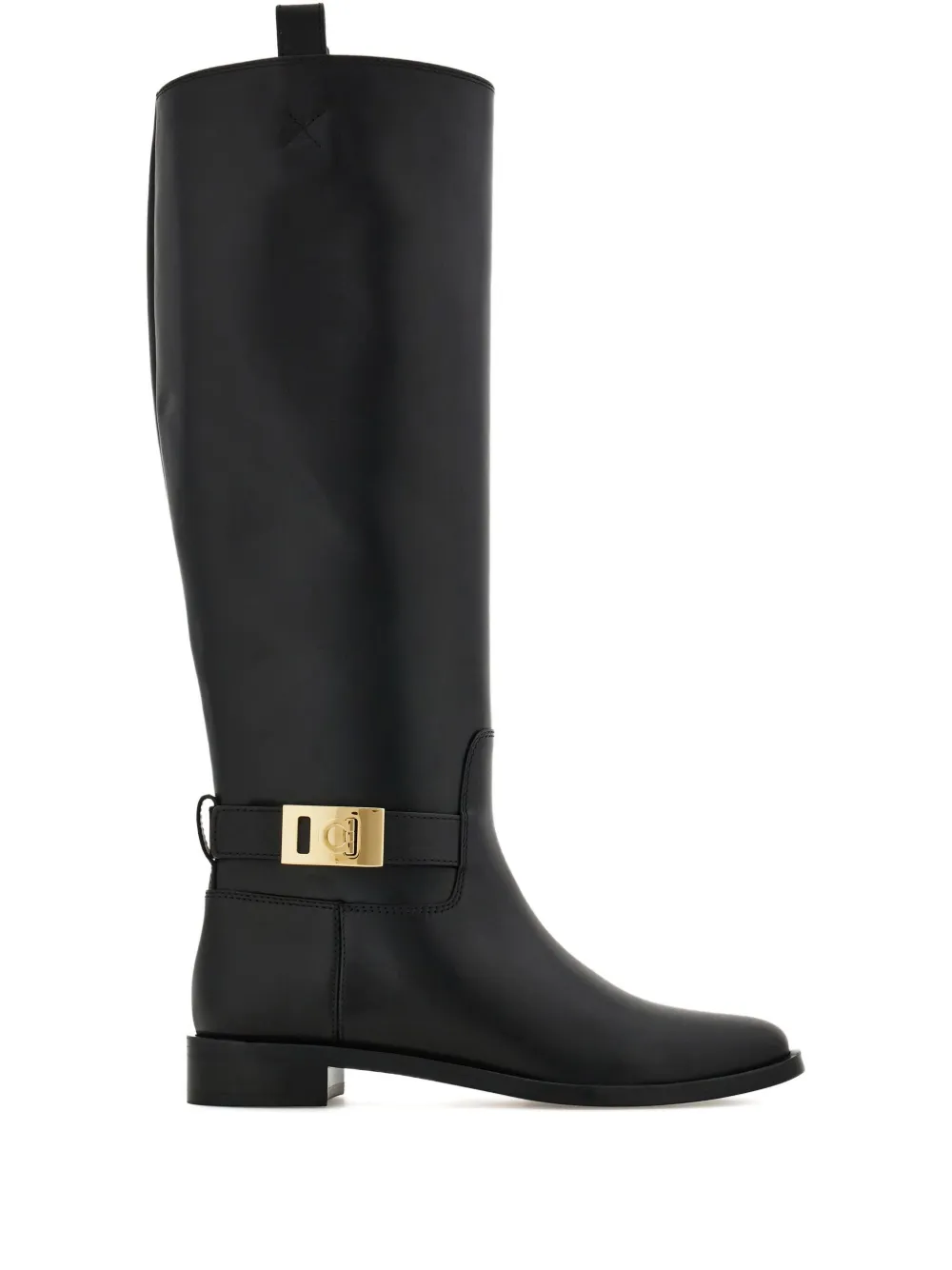 Ferragamo Knee High Boot With Hug Buckle Detail In Black