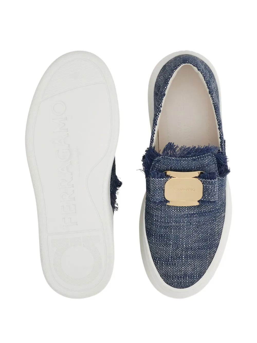 Ferragamo Buckle Frayed Slip-on Sneakers In Blue