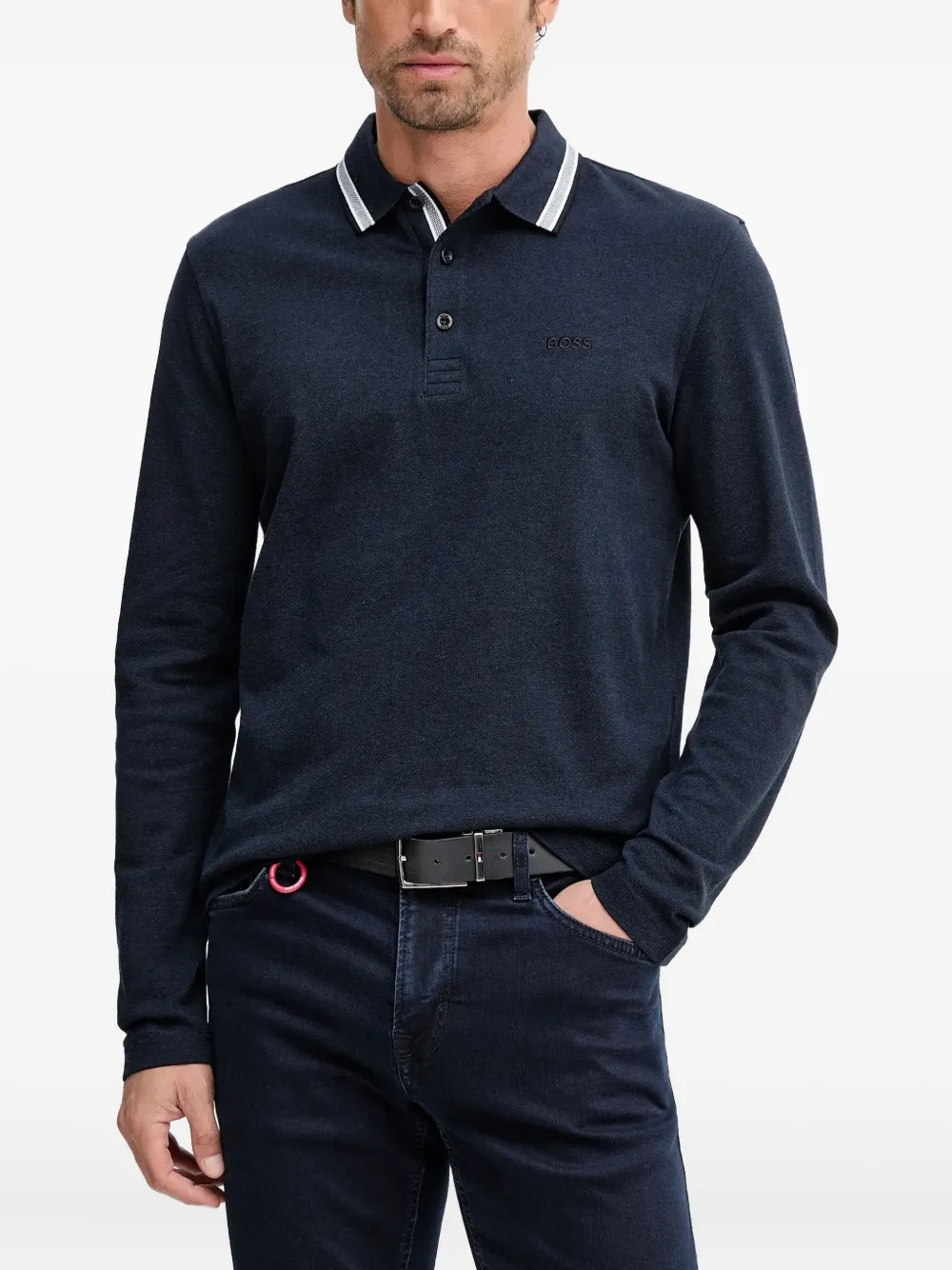 BOSS playera tipo manga larga polo con botones | azul | Image 1