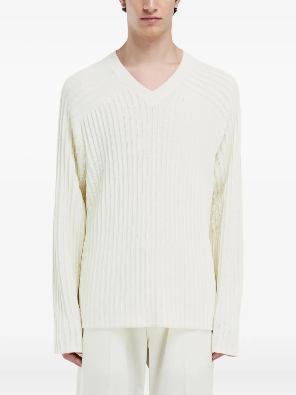  Ferragamo V-neck Ribbed Sweater - Neutrals 