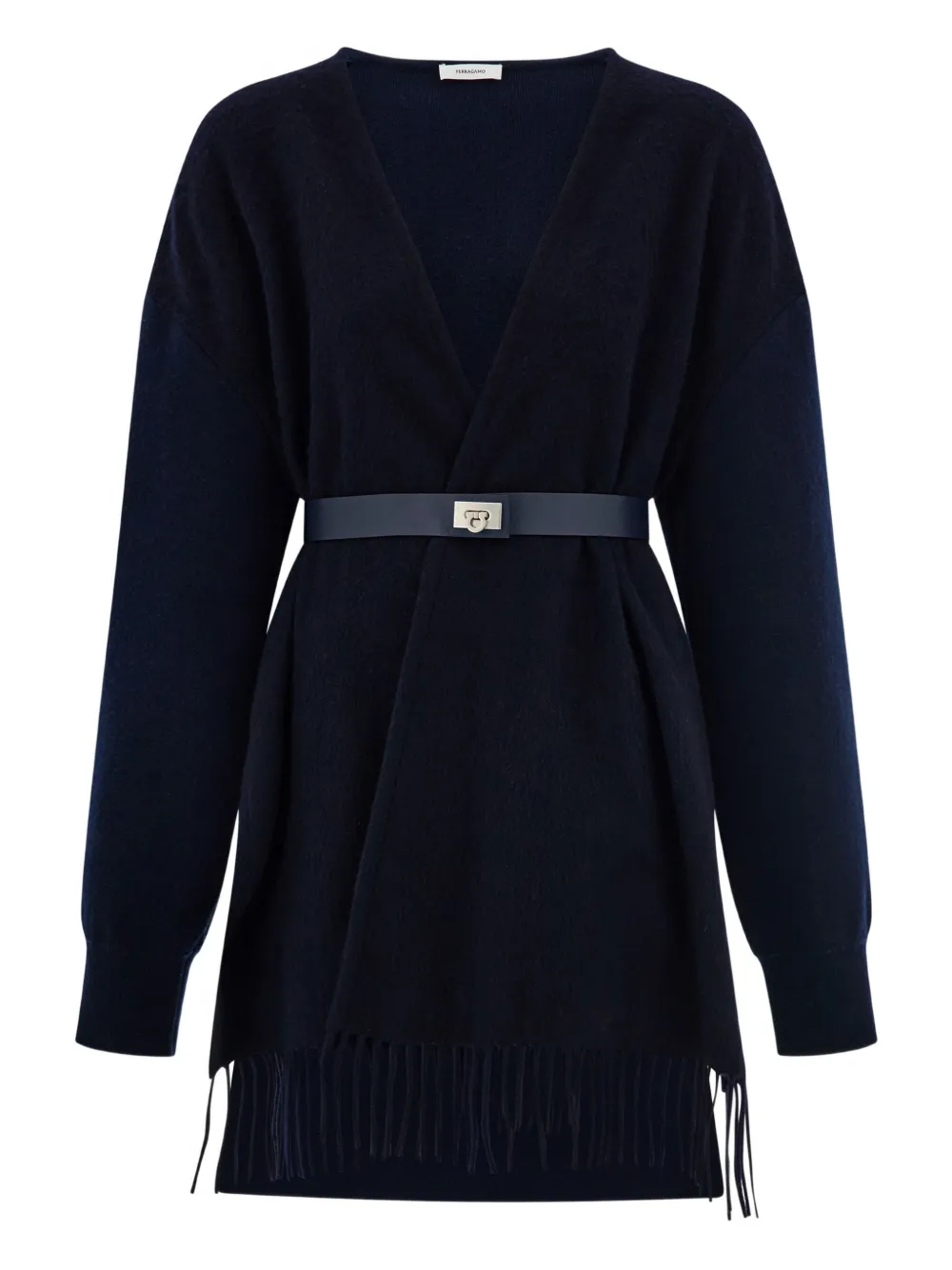 Ferragamo Fringed Belted Cardigan In Blue