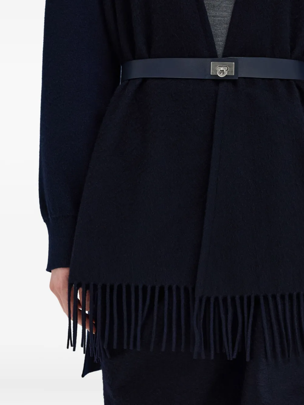 Ferragamo Fringed Belted Cardigan In Blue