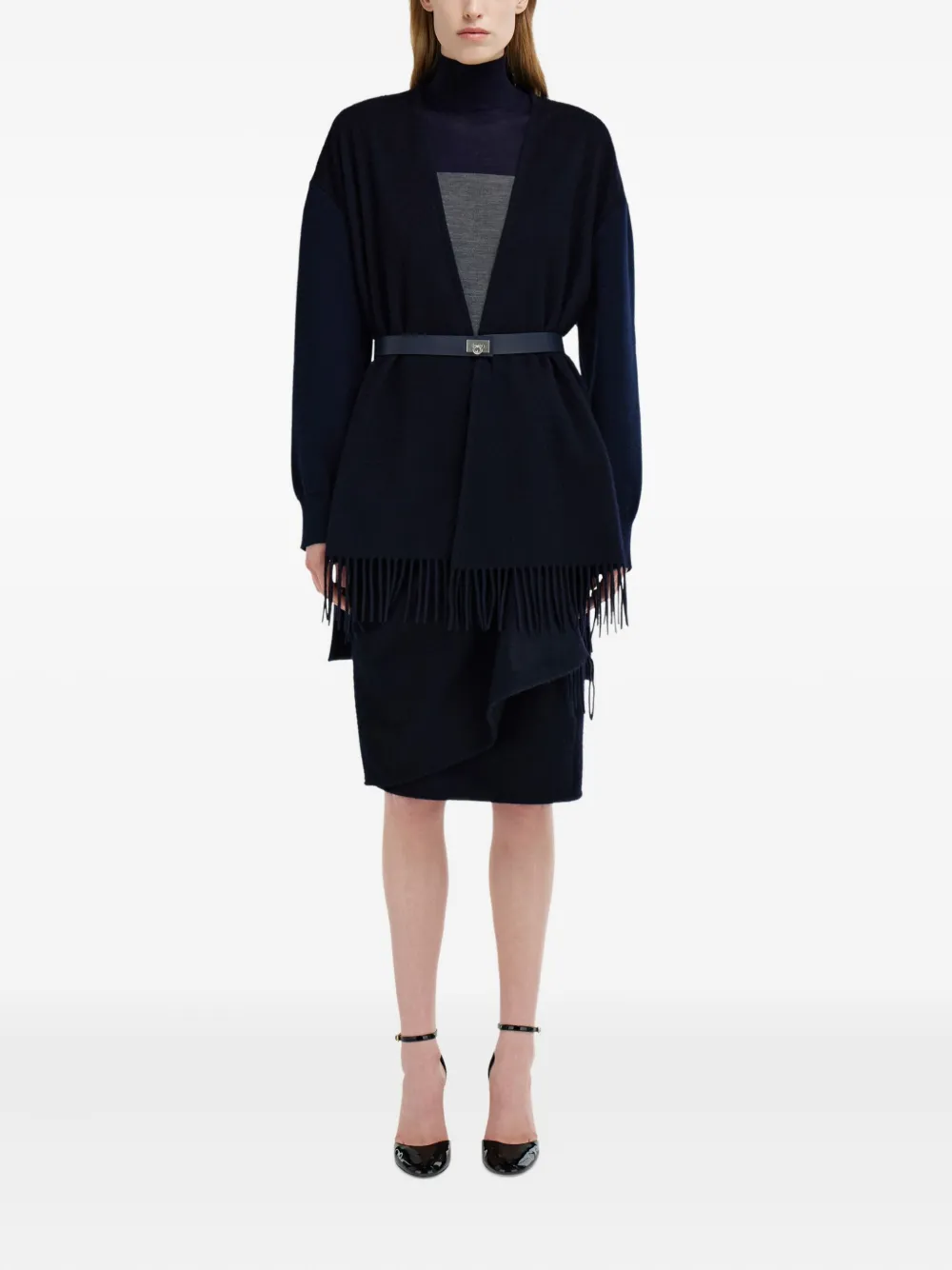 Ferragamo Fringed Belted Cardigan In Blue