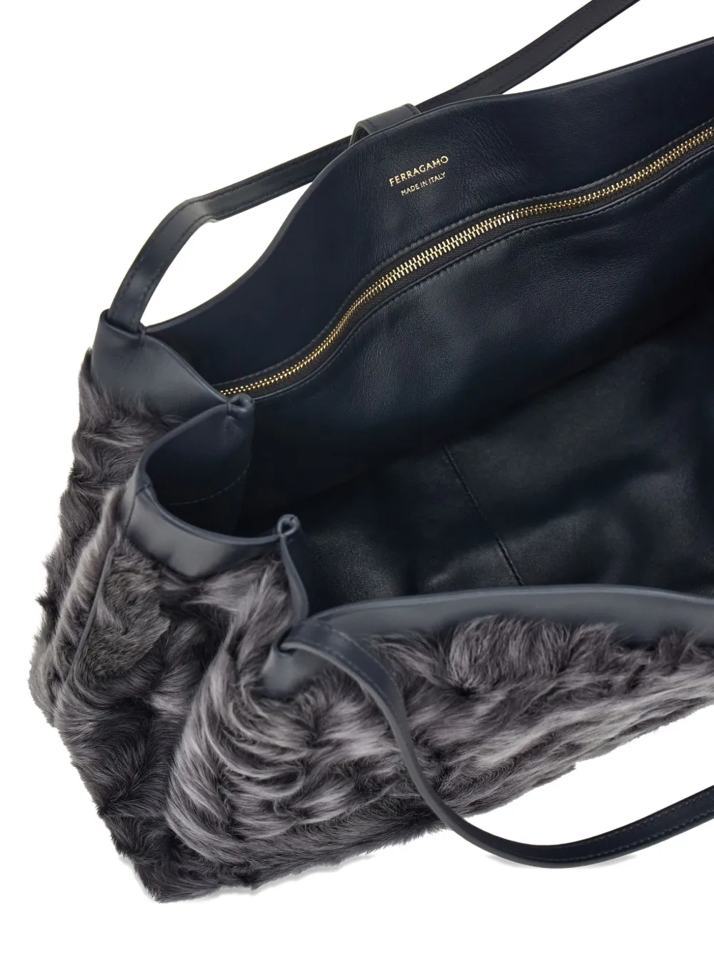 Ferragamo Large Fur-embellished Top-handle Tote Bag In Gray