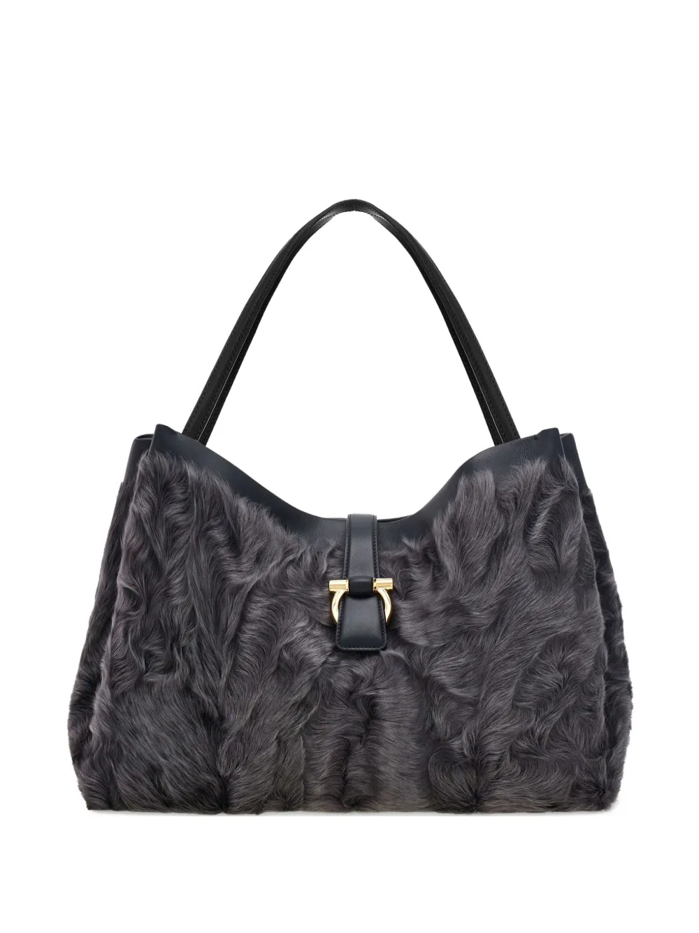 Ferragamo Large Fur-embellished Top-handle Tote Bag In Gray