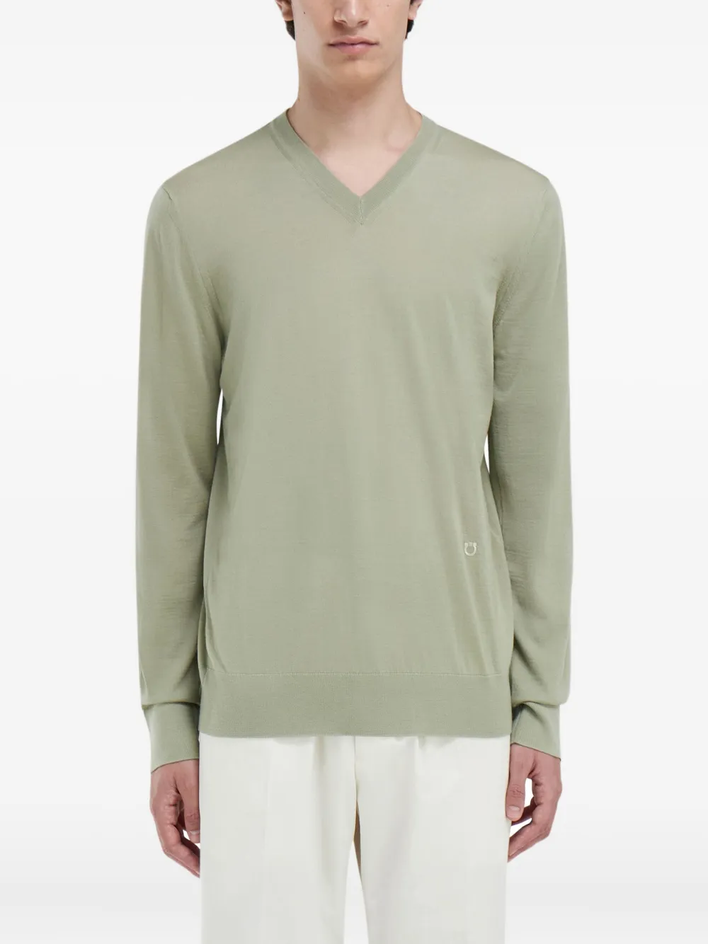 Ferragamo Geribbelde trui met borduurwerk en V-hals Groen