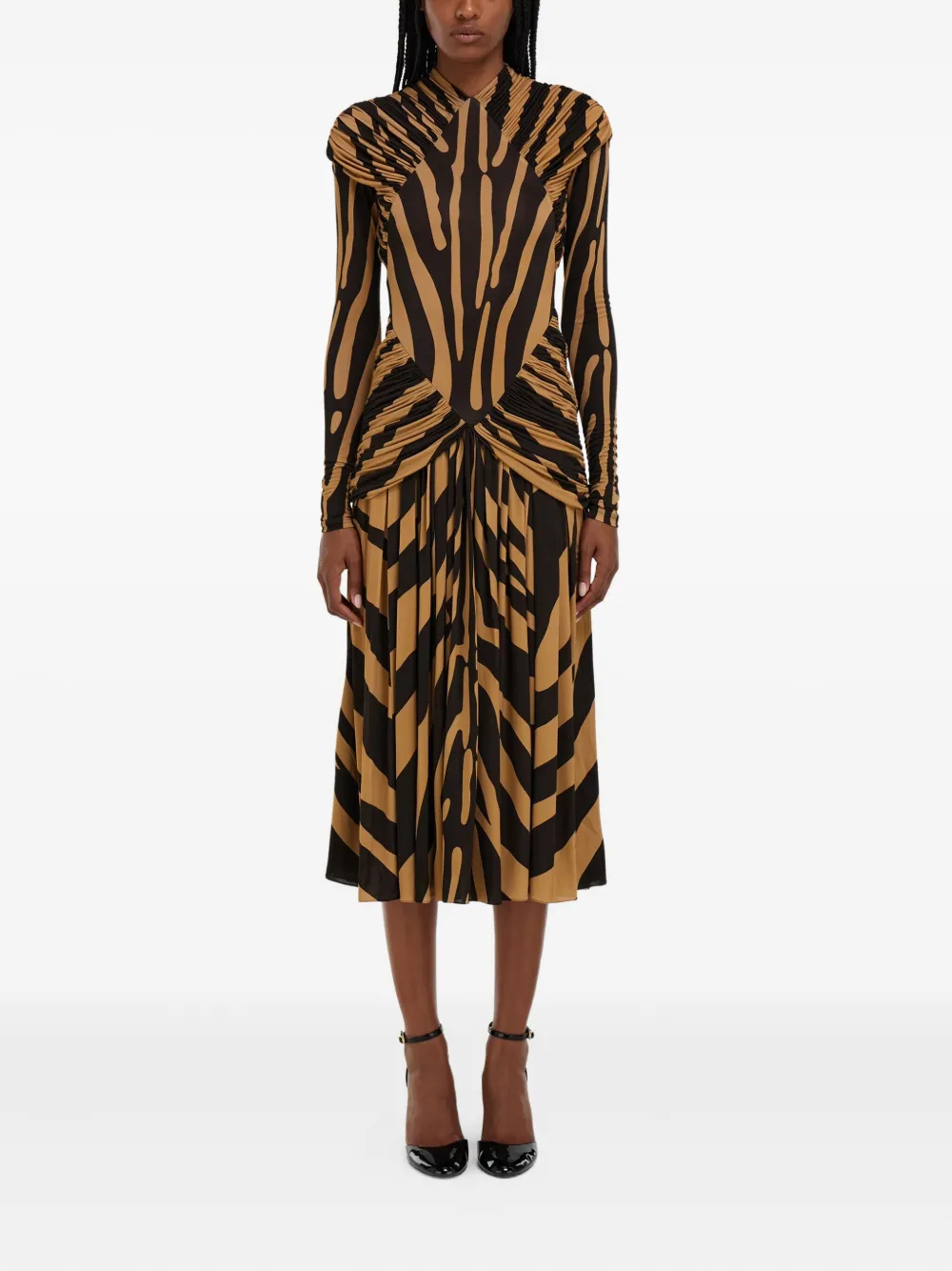  Ferragamo Ruched Zebra Jersey Midi Dress - Brown 