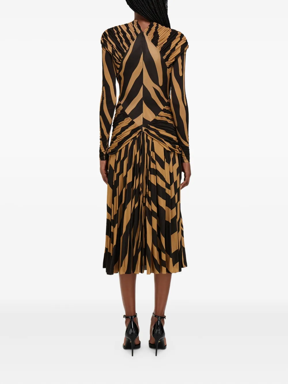  Ferragamo Ruched Zebra Jersey Midi Dress - Brown 
