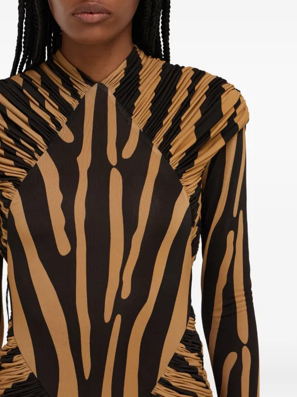 zebra ruched dress Karen Millen Abstract Zebra Print Ruched Detail High Neck Long Sleeve Crepe Midi Dress