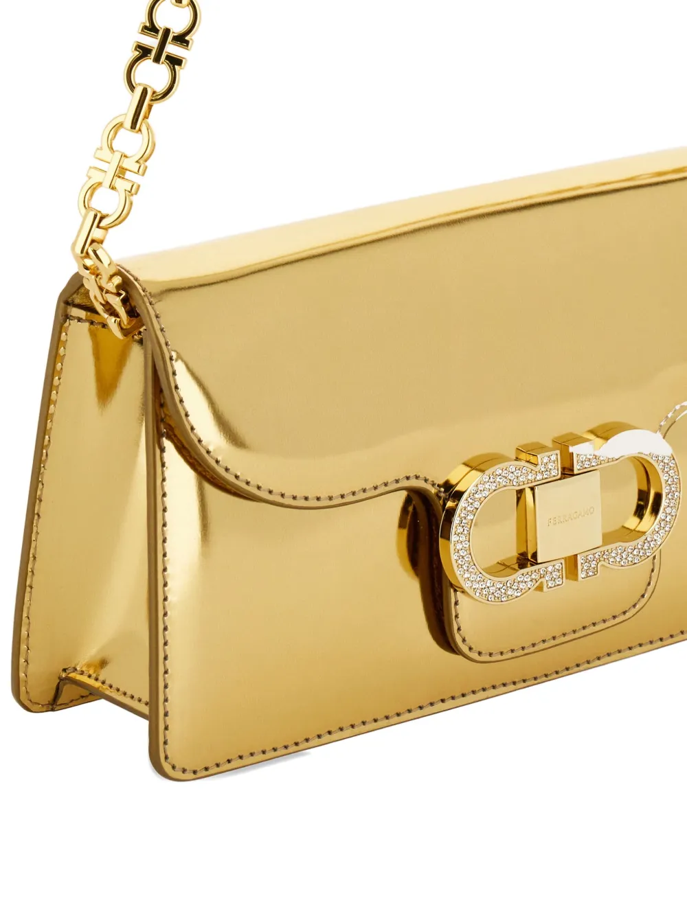 Ferragamo Crystal-embellished Chain-strap Clutch Bag In Gold
