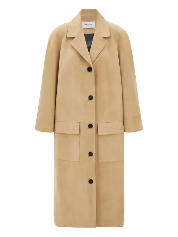 そら美品 Salvatore Ferragamo ロングチェスターコート Ferragamo シングルスエードコート | ニュートラル | FARFETCH JP