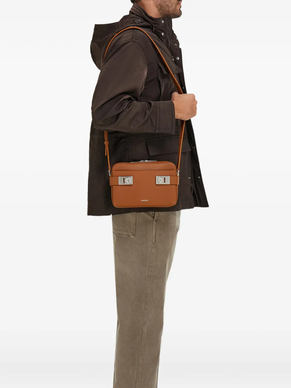 Ferragamo East-west Crossbody Bag With Gancini Buckles In Brown