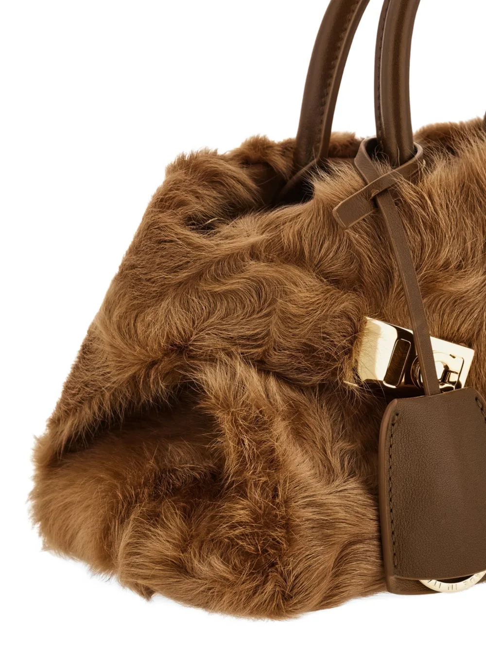 Ferragamo Mini Hug Shearling Buckle Cross Body Bag In Brown