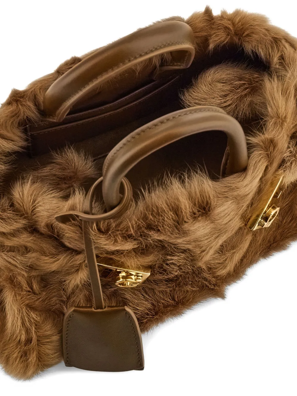 Ferragamo Mini Hug Shearling Buckle Cross Body Bag In Brown