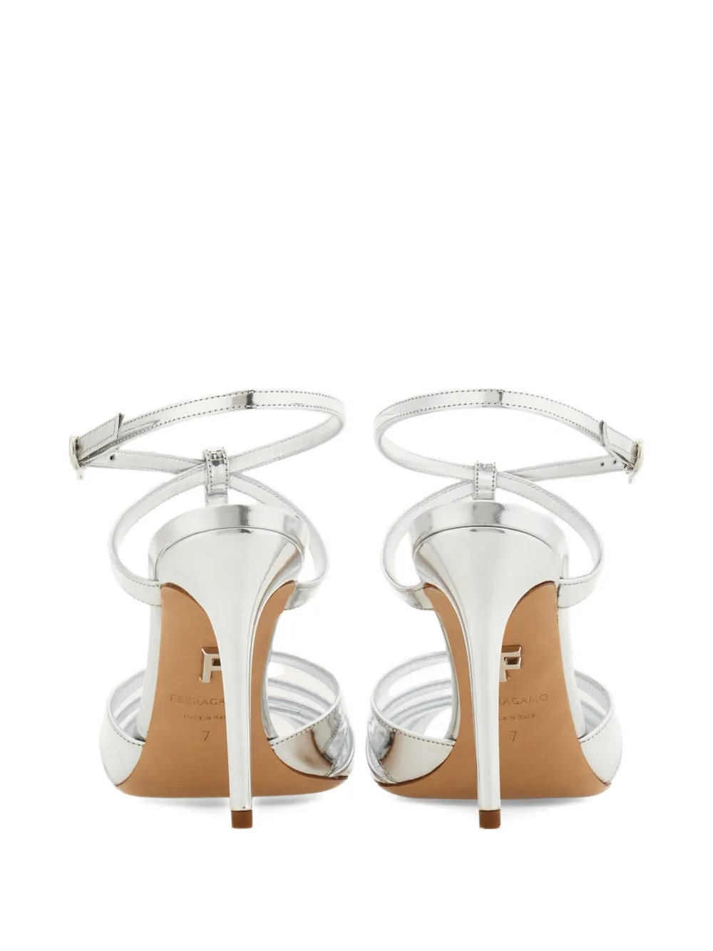 Ferragamo 90mm gekooide stiletto sandalen Zilver