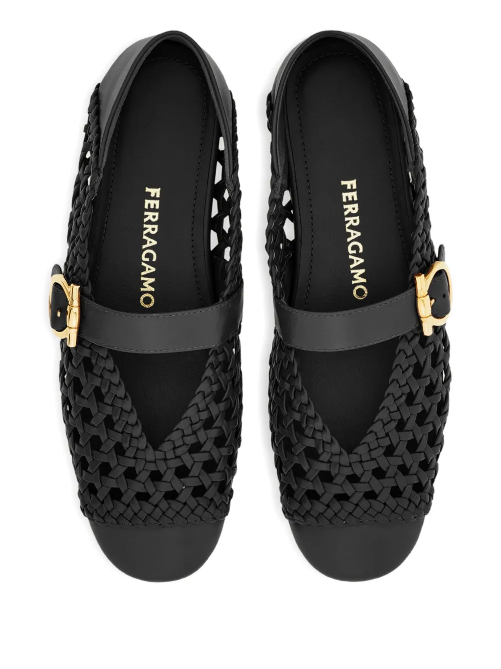 Ferragamo Braided Gancini-buckle Ballet Flats In Black
