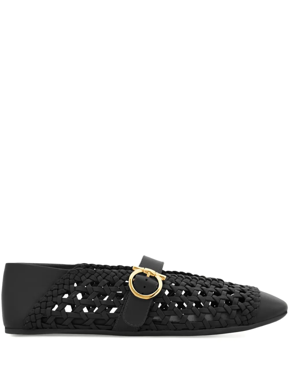 Ferragamo Braided Gancini-buckle Ballet Flats In Black