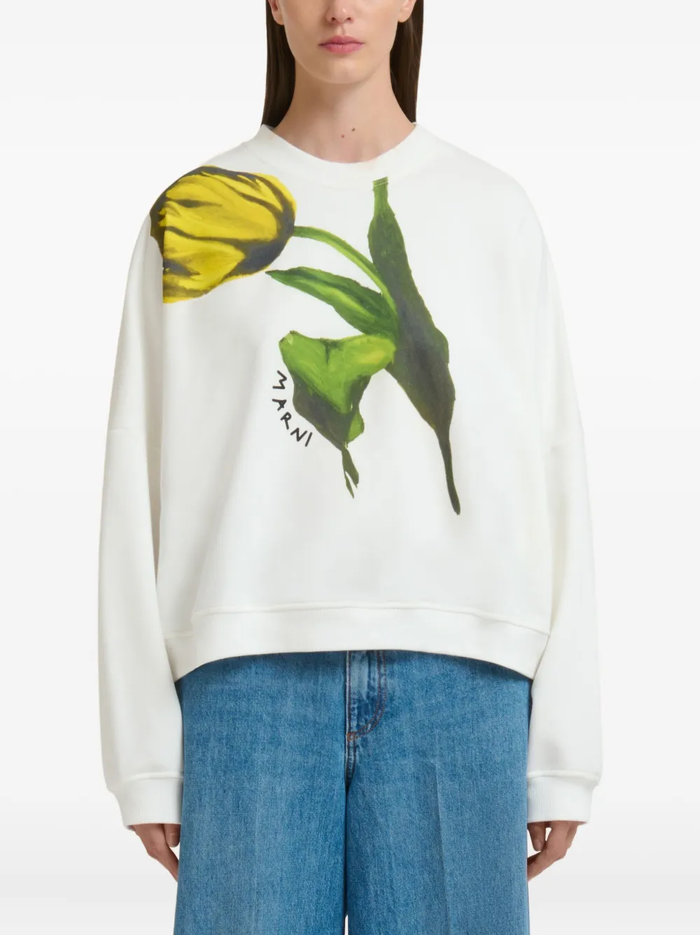 Marni White Cotton Sweatshirt With Tulip Print In White