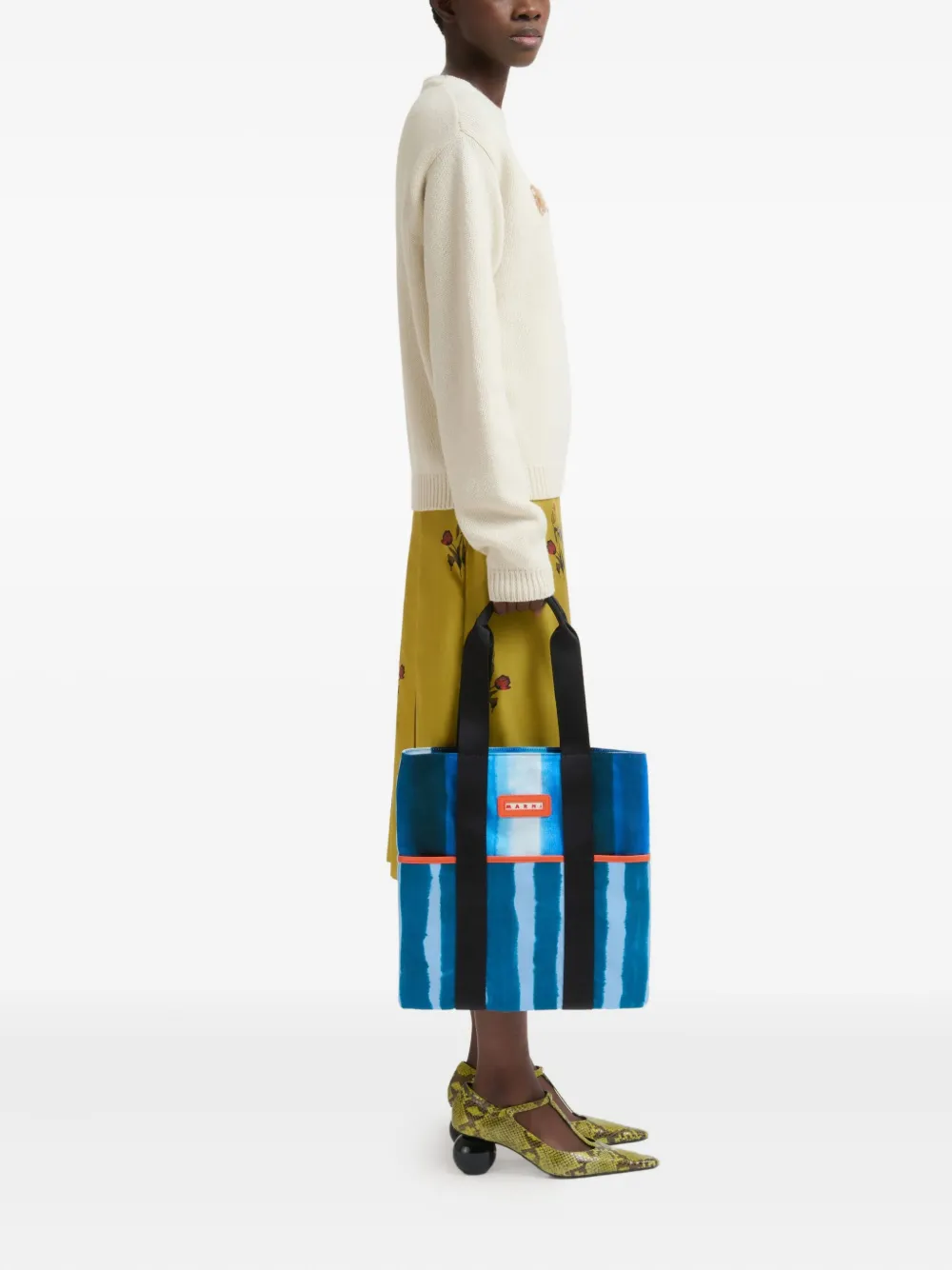 Marni striped tape-handles tote bag - Blauw