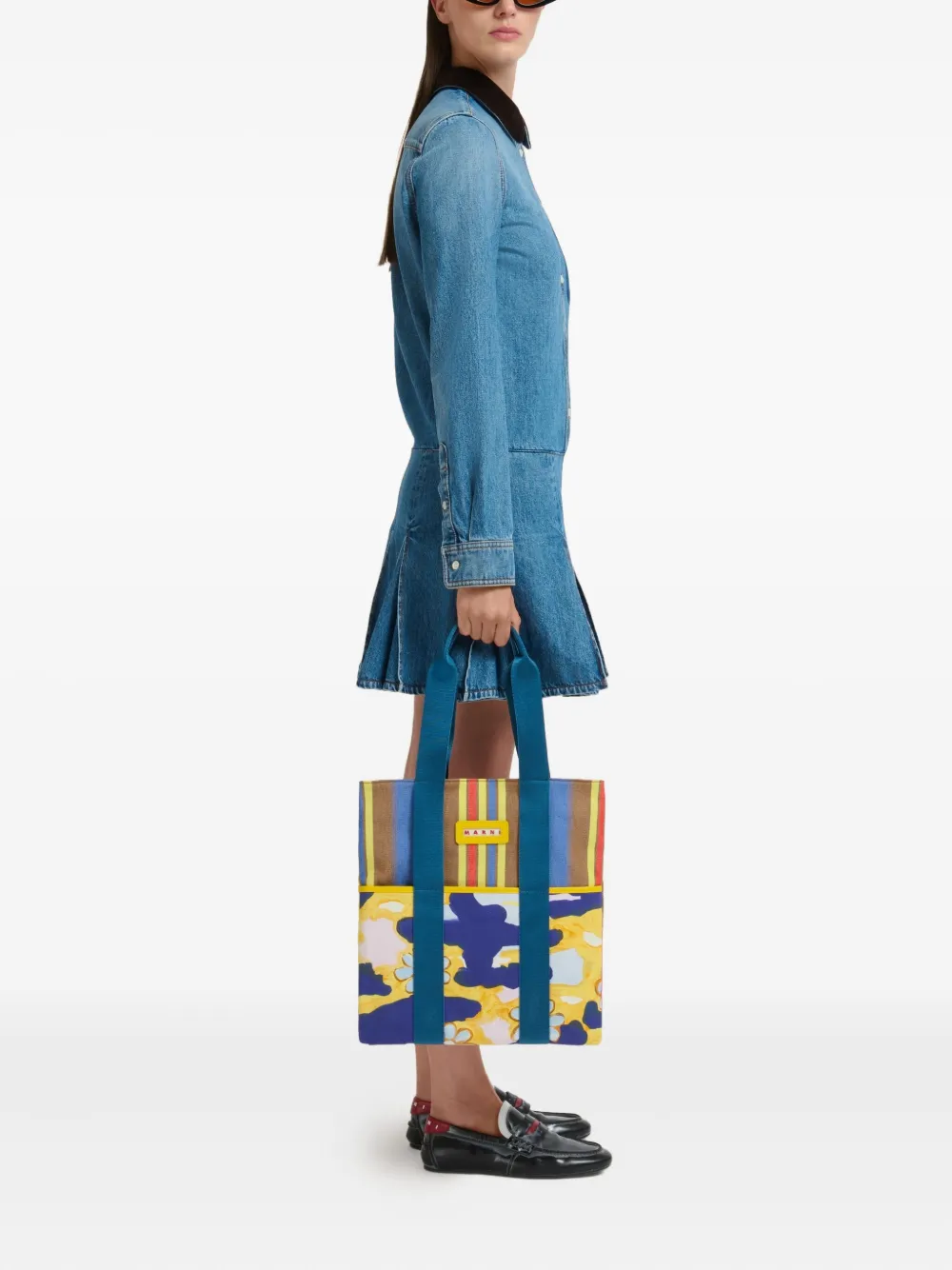 Marni striped tape-handle cotton tote bag - Bruin